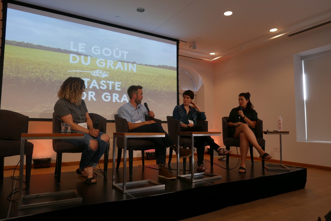 Seth Gabrielse (Automne Boulangerie), Fabrizia Rollo (Fabrizia) and Ariane Maurice (Patisserie Bicyclette) discussing with Geneviève Vézina-Montplaisir (Magazine Caribou)